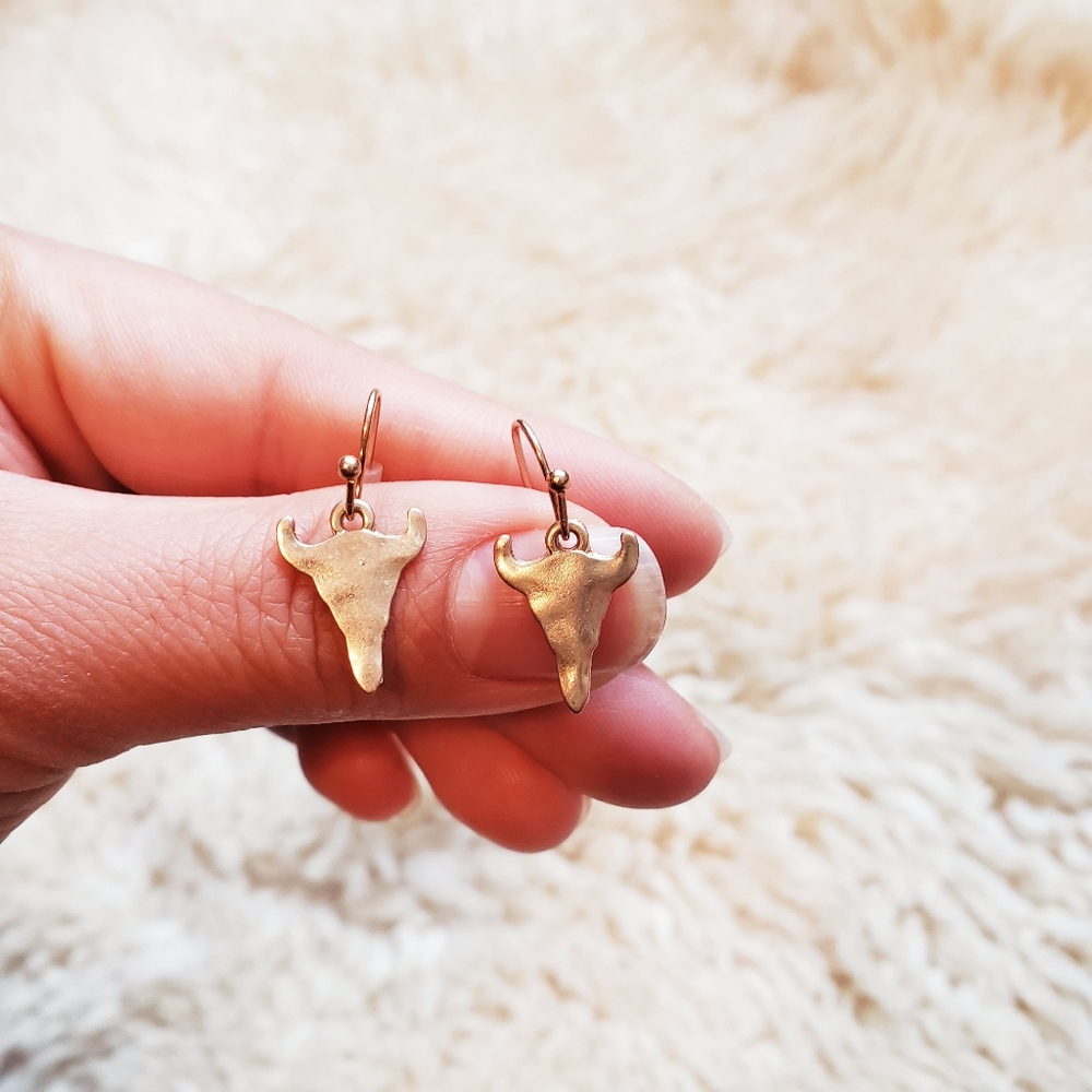 Boho Western Dainty Gold Steer Bullhead Earrings